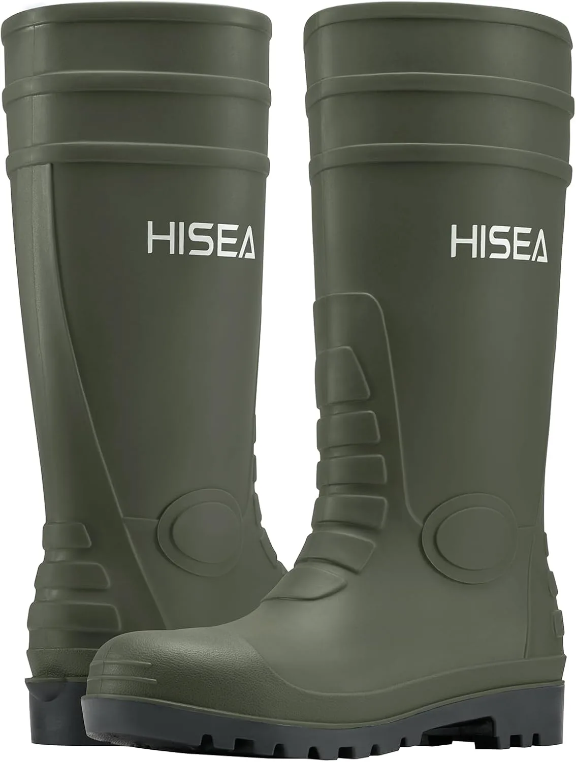 Мужские резиновые сапоги HISEA с металлической пластиной, водонепроницаемые, бесшовные ПВХ, оливковый — фото 4