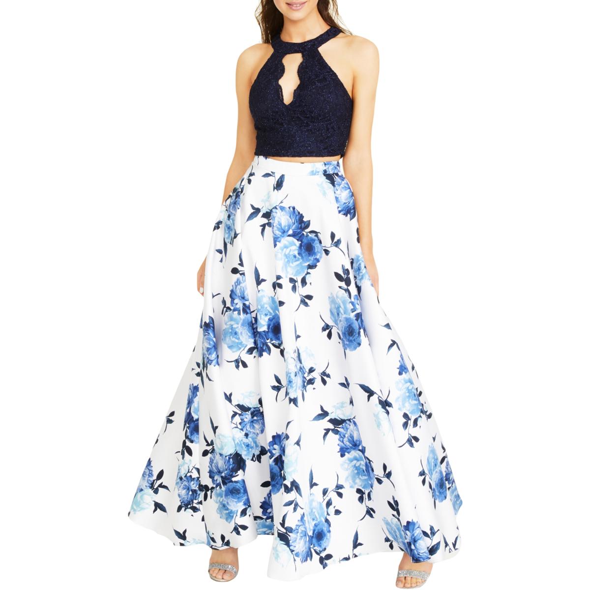 

Juniors Womens Floral Flyaway Two Piece Dress City Studio, темно-синий/слоновая кость