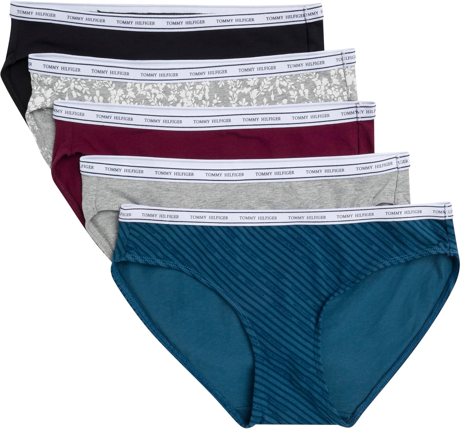

Женское классическое хлопковое бикини-белье Tommy Hilfiger с логотипом на поясе, упаковка 5 пар, Diagonal Th Alfalfa Blue Stripe/Heather Grey/Windsor Wine/Black/Floral Heather Grey