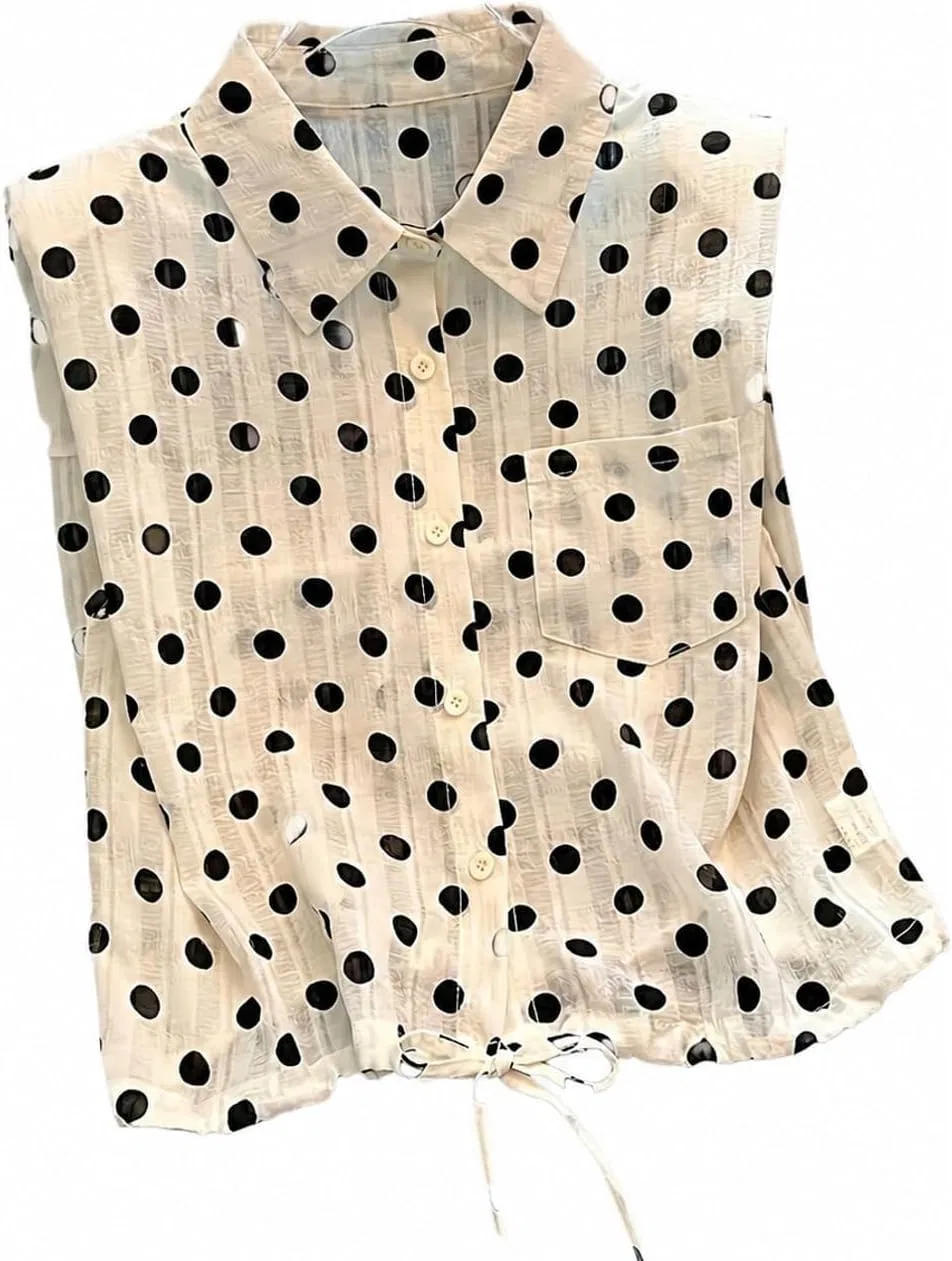 Блуза, без рукавов, в горошек, бежевый