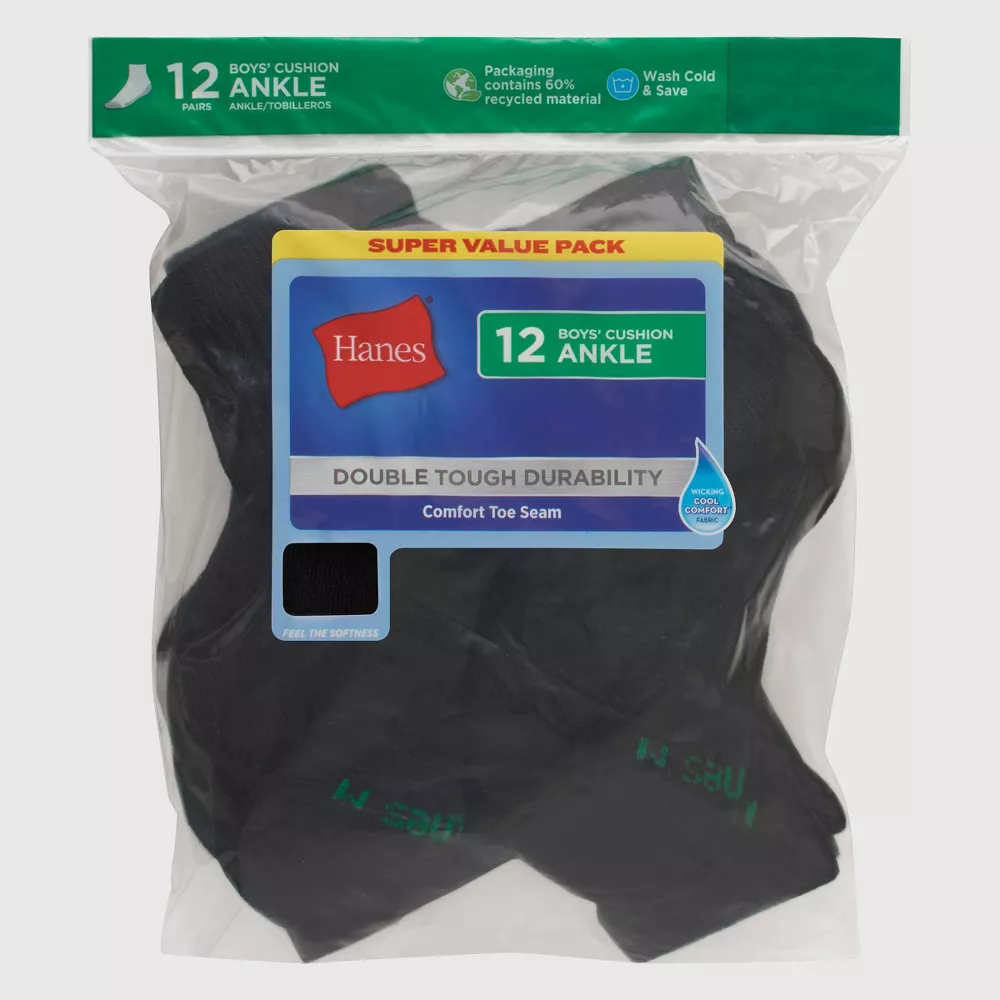 Носки Hanes Boys' 12pk с мягкой подошвой для занятий спортом, цвет Black — фото 2