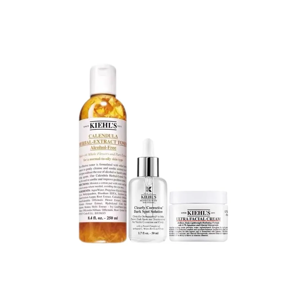 Kiehl's Набор для ухода за кожей Celebrity Marigold Toner, сыворотка для осветления пигментных пятен White Bottle и крем-желе для комбинированной кожи, Three-Piece Set: 250ml Geranium Water+50ml White Bottle Serum+50ml High Hydrating Moisturizer