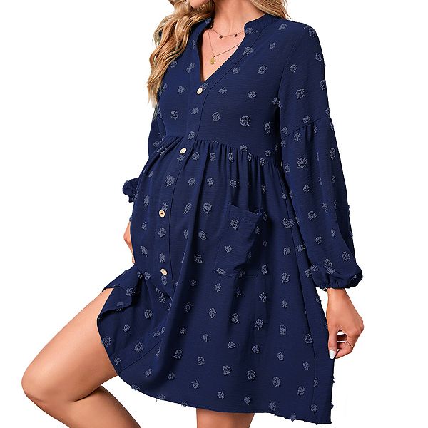 

Женское мини-платье для беременных с v-образным вырезом, длинными рукавами-фонариками и фактурным узором Elitespirit, Dark Blue