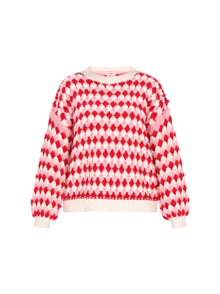 

Женский свитер красного цвета с разноцветными вставками myMo