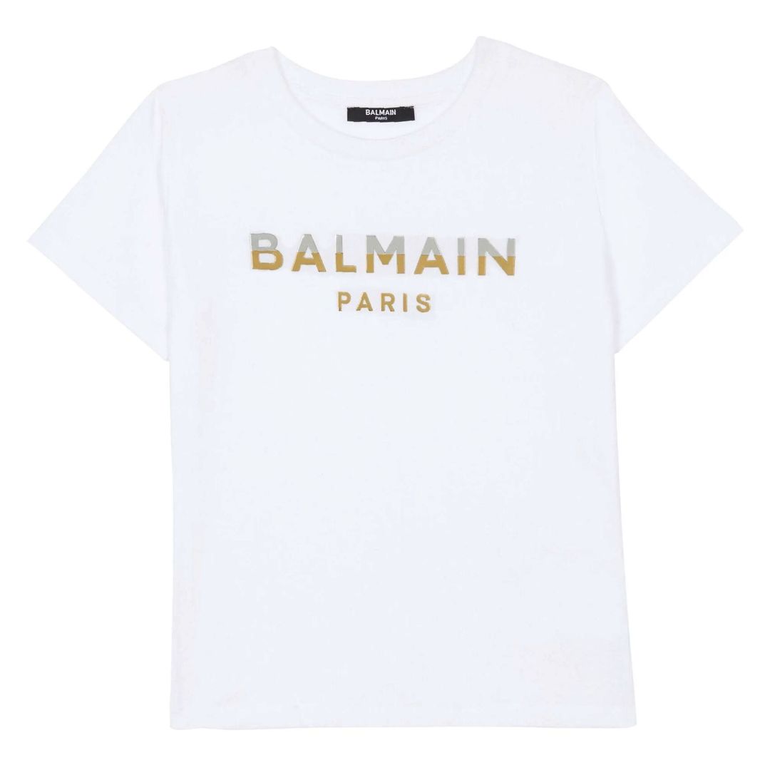 

Белая футболка с принтом логотипа Balmain