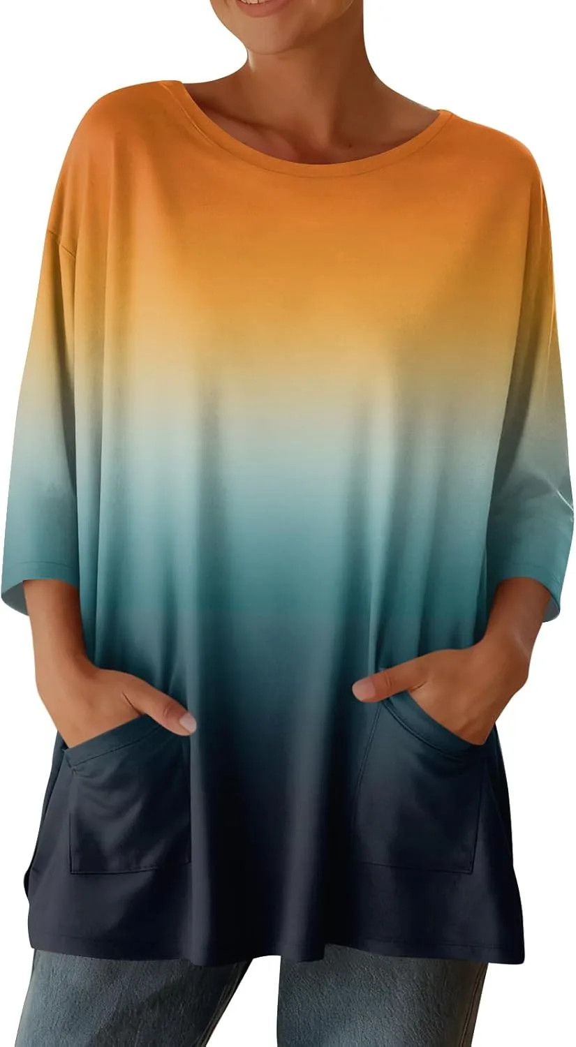 

Топ с рукавом 3/4 для женщин, свитшот с круглым вырезом, однотонный, plus size, для бизнес-кэжуал UDAUDU