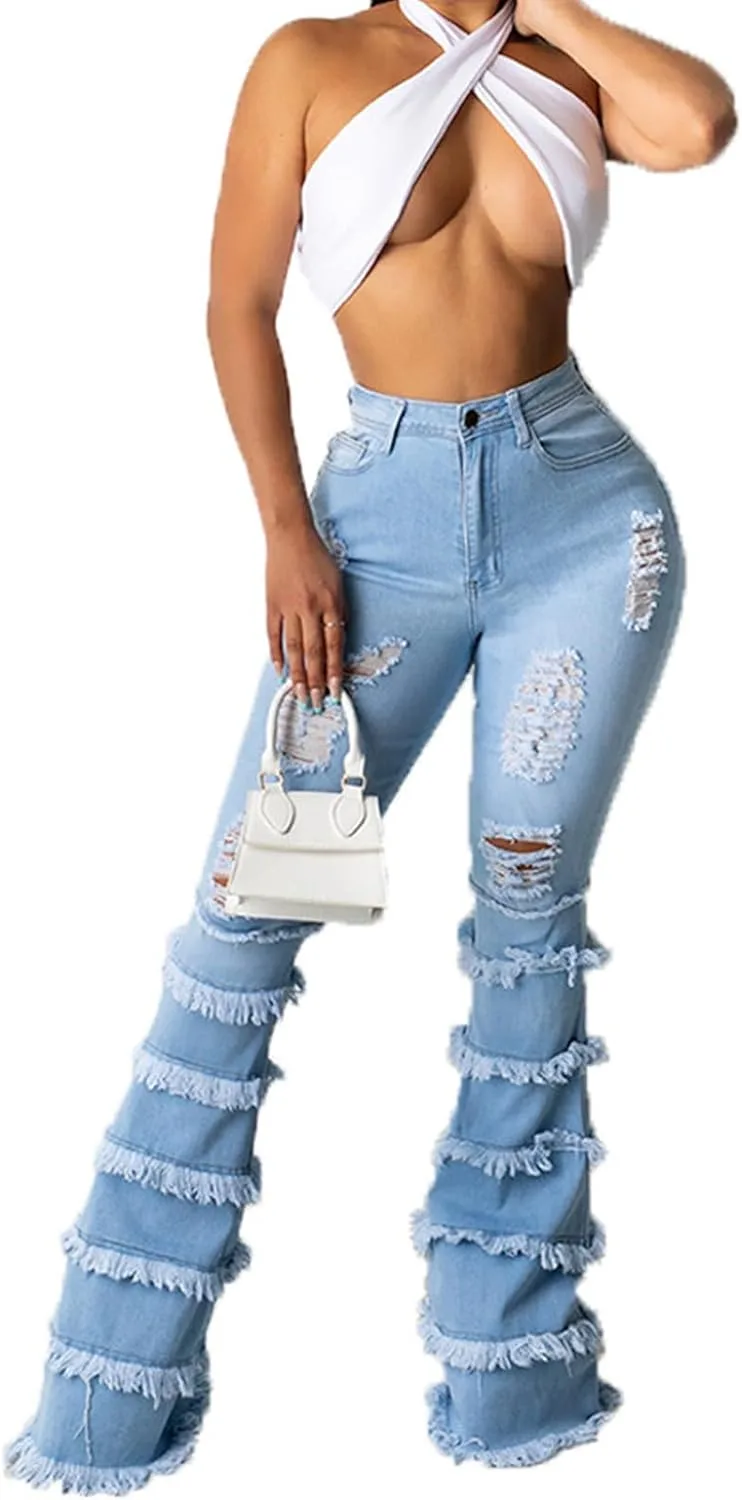 

DGHM-JLMY женские рваные колумбийские джинсы bell bottom с высокой посадкой и расклешенным низом