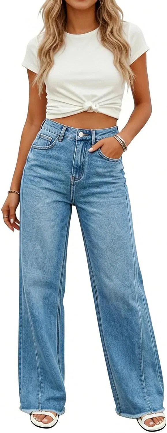 Джинсы свободные, прямые, Light Blue, Women's Washed Loose Fit Wide Leg Jeans — фото 4
