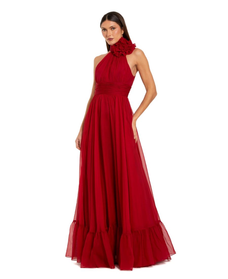 

Женское шифоновое платье без рукавов с воротником-стойкой и объемным цветочным рисунком Mac Duggal, Deep red
