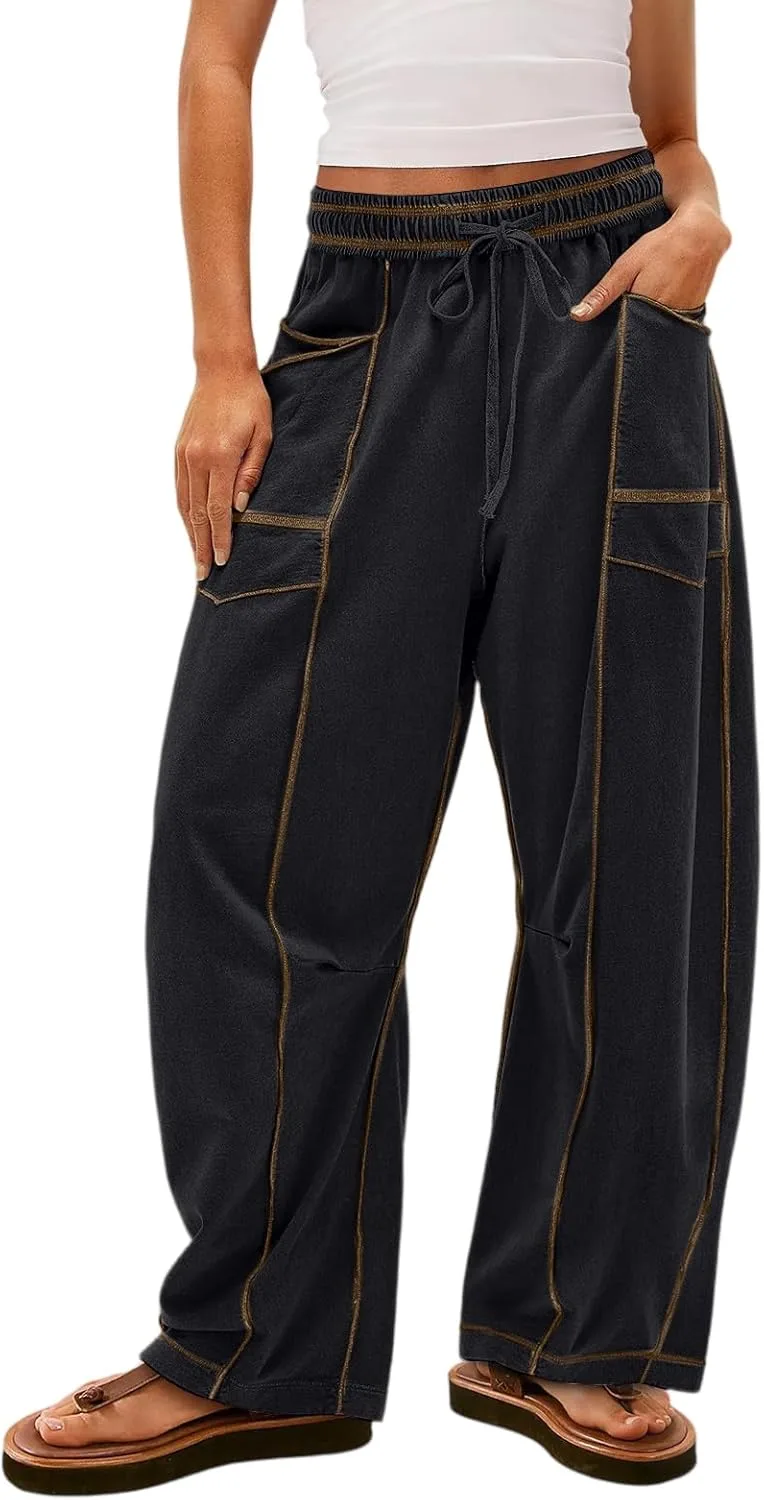 Женские брюки Barrel Pant широкого кроя с завязкой на талии, свободные штаны с несколькими карманами, контрастной строчкой, повседневные мешковатые спортивные брюки Generic, черный