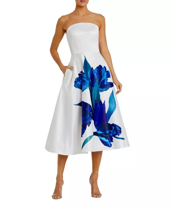 

Атласное миди-платье без бретелей с цветочным принтом Mac Duggal, мультиколор