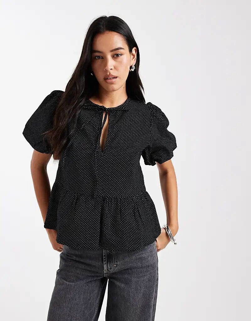 

Черная вельветовая блузка Wednesday's Girl с бантом в горошек