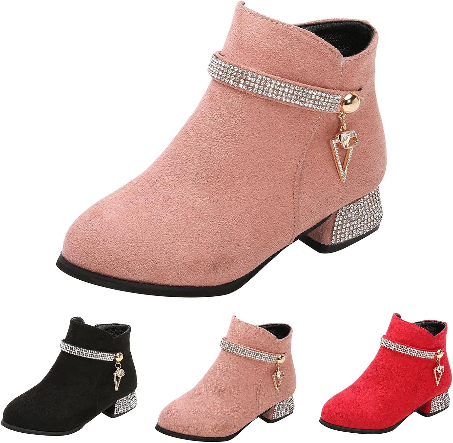 

Детские зимние ботильоны для девочек из замши с застежкой-молнией сбоку, стильные туфли на невысоком каблуке для подростков, милые и модные осенне-зимние ботинки Generic, Pink