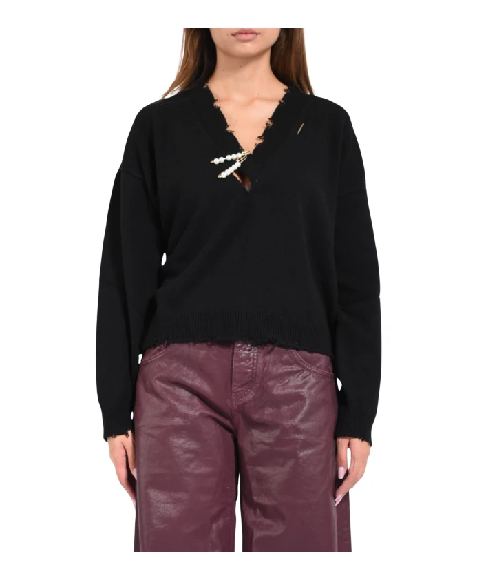 

Вязаный шерстяной пуловер с V-образным вырезом A Paper Kid, черный