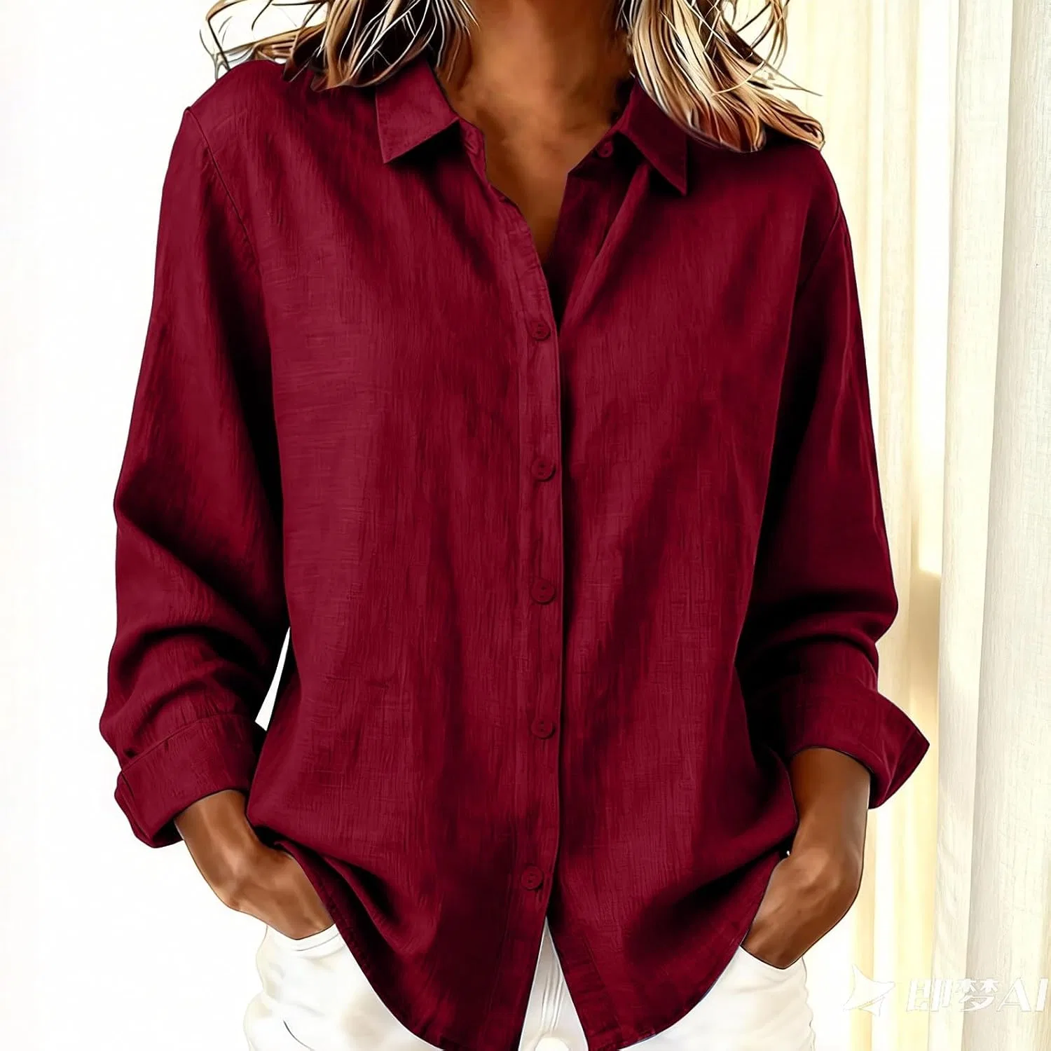 Блуза, длинный рукав, Button-Down Shirt, красный — фото 2