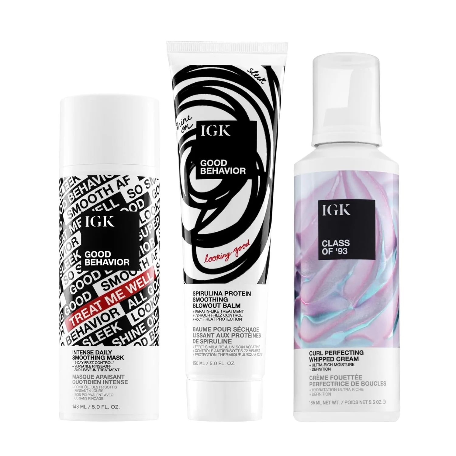 Набор для ухода и укладки волос IGK Good Behavior Bonding Mask + Good Behavior Blow Out Balm + Class of ’93 Texture & Hold Cream - контроль завивки, гладкость и блеск, веганский, без жестокости