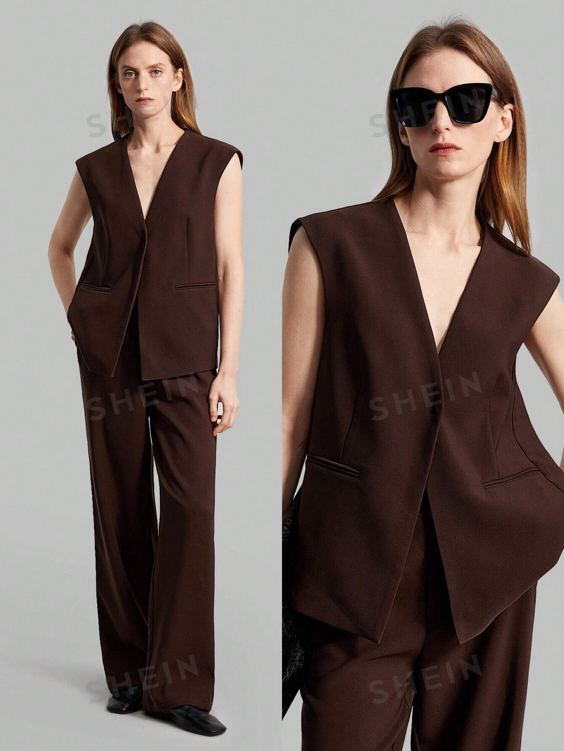 

Женский однотонный деловой костюм, комплект из жилета и брюк Ontre, светло-коричневый