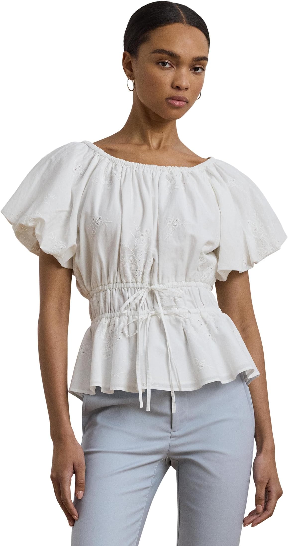 

Блуза Lauren Ralph Lauren Eyelet Cotton Voile Peplum Blouse, White