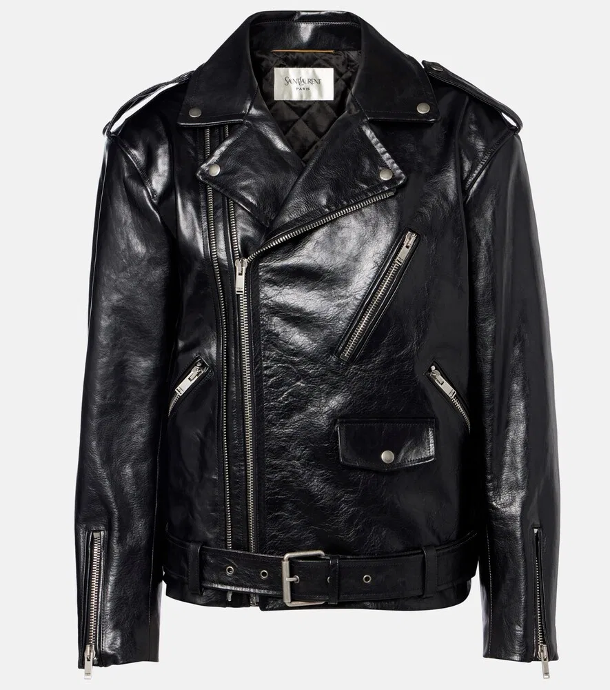 Кожаная байкерская куртка с подкладкой Saint Laurent, коричневый