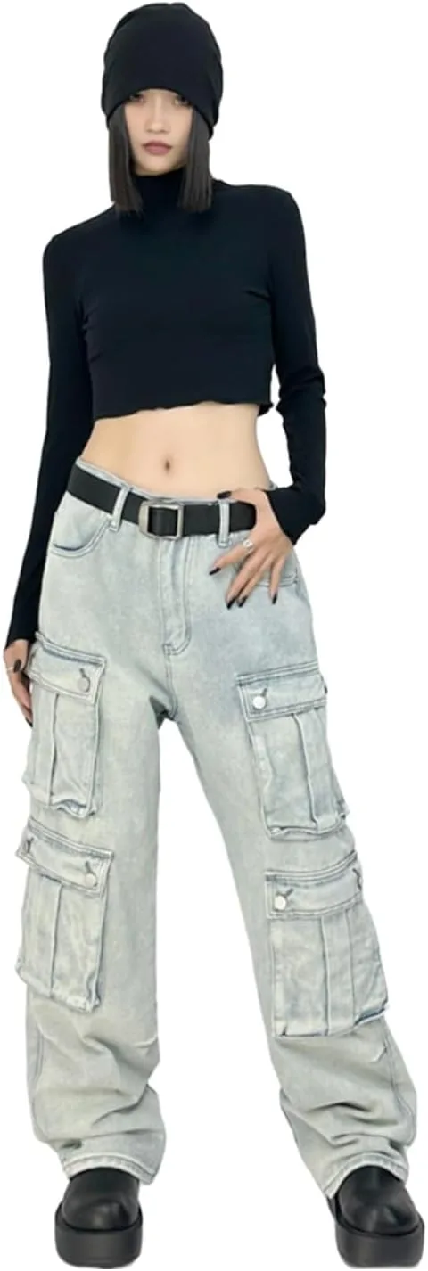 

COOLMONAR женские карго джинсы с высокой талией и прямыми штанинами