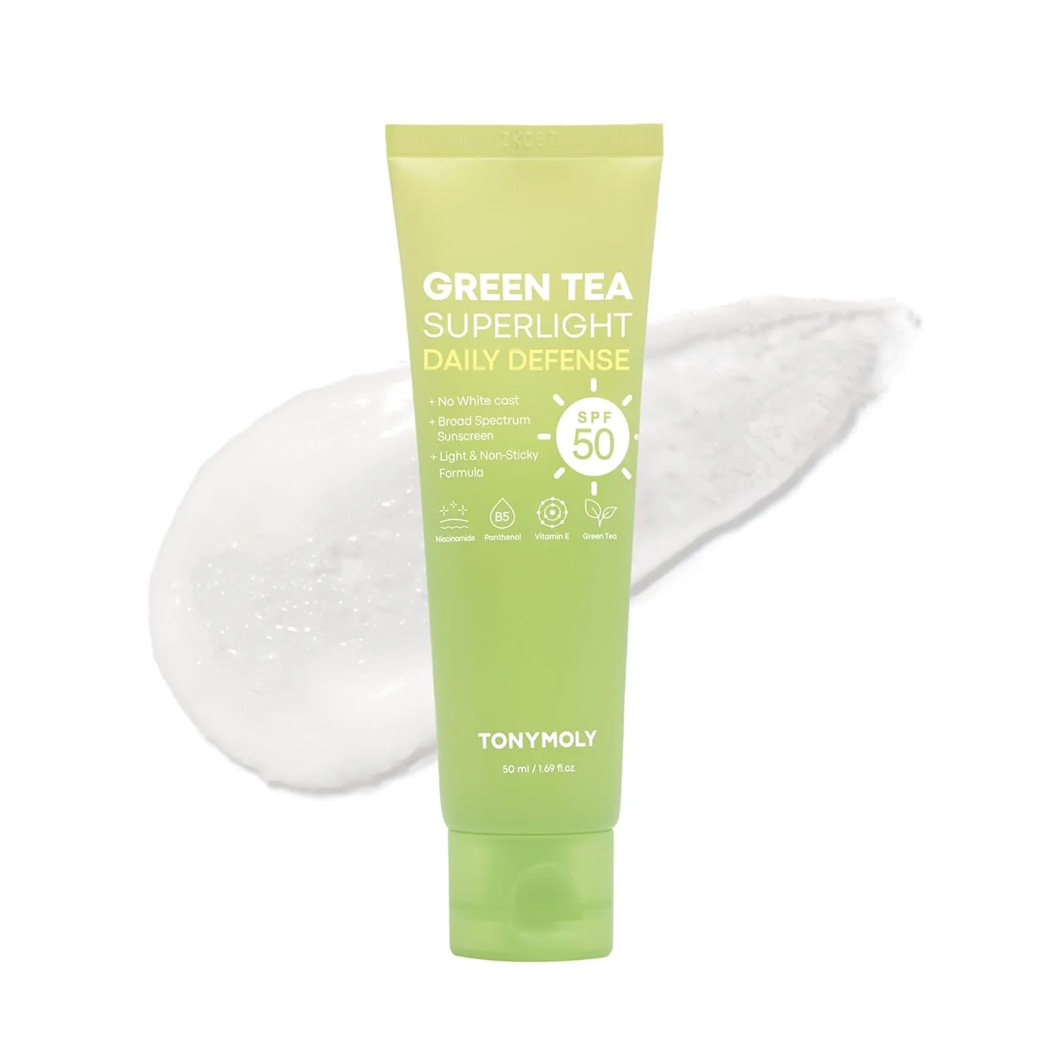 TONYMOLY Green Tea Korean Sunscreen SPF 50 - нежирный солнцезащитный крем для лица широкого спектра с ниацинамидом, пантенолом и гиалуроновой кислотой, дорожный размер 50 мл, White