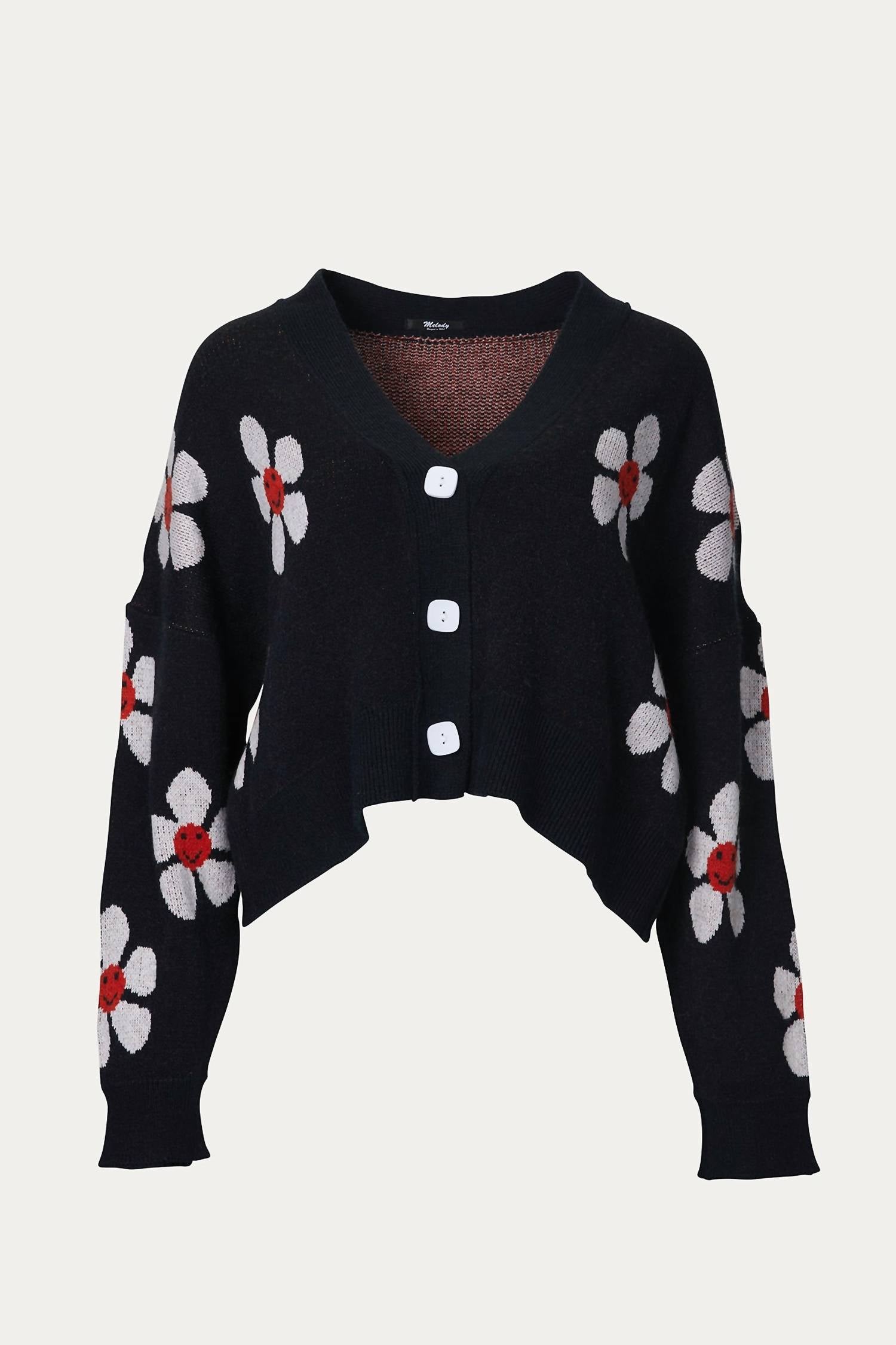 

Укороченный кардиган с цветочным принтом в стиле ретро черного цвета Melody Fashion