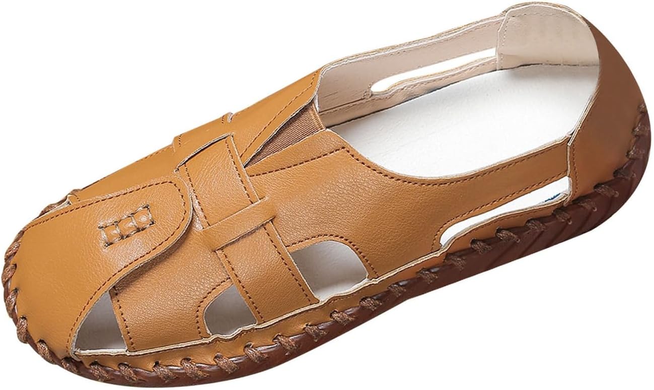 

Женские удобные сандалии на плоской подошве с закрытым носком, кожаные с вырезами, на липучке, с мягкой подошвой, слипоны-лоферы, модные, ручная отделка, пляжные прогулочные сандалии, повседневные летние для улицы Tazeap, коричневый