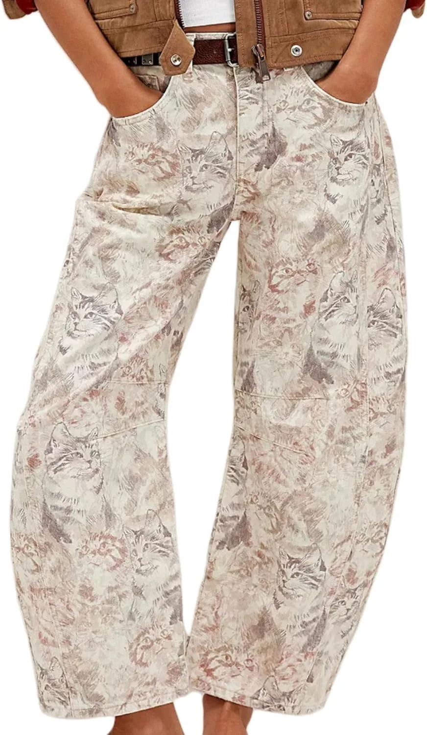 

Perbai женские джинсы Mid Rise Barrel с принтом в виде сердца, винтажные широкие брюки-клеш