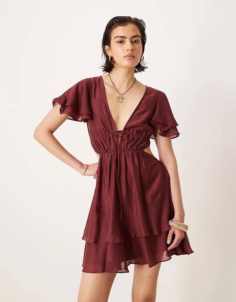 

Мини-платье ASOS DESIGN с V-образным вырезом и рукавами-ангелами, темно-виноградного цвета