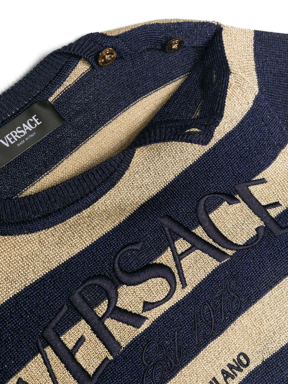 Полосатый джемпер с вышитым логотипом Versace Kids, синий — фото 3