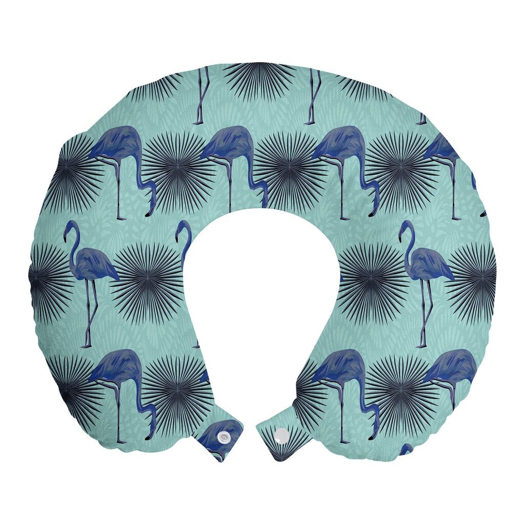 

ABAKUHAUS Подушка для путешествий Flamingo, поддержка шеи, островные животные и растения, пенопластовые дорожные принадлежности для самолетов и автомобилей, 30x30 см, бледно-голубые разноцветные