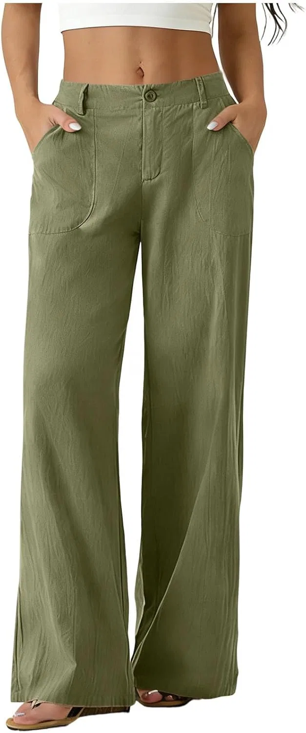 Женские широкие брюки из льна, на пуговицах, с карманами, Green