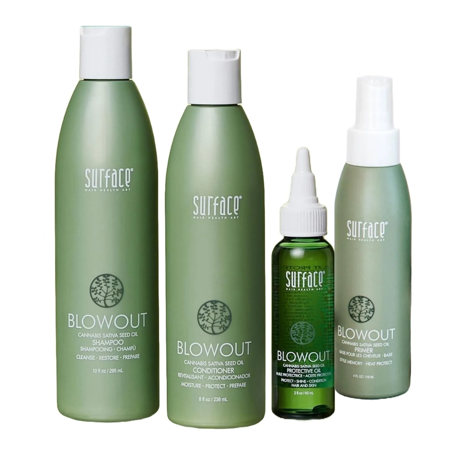 Набор для термозащиты волос Surface Hair Blowout Heat Protection Bundle: шампунь, кондиционер, масло для защиты волос от воздействия высоких температур и основа под укладку, 4 предмета.