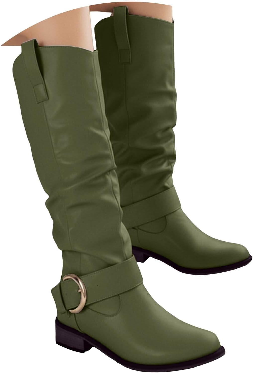 

Женские сапоги Hbeylia до колена, модные повседневные, с мягкой сборкой, из кожи, с круглым носком, зеленый