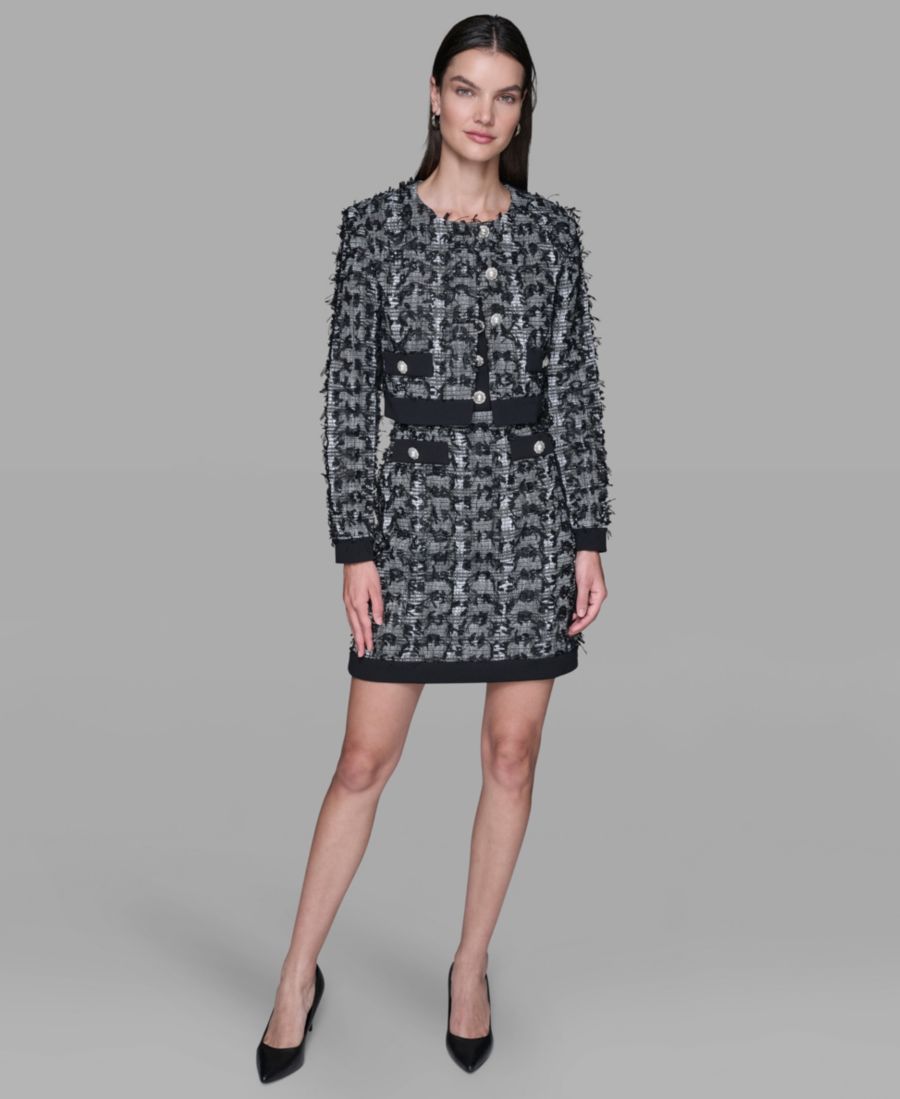 

Женский укороченный твидовый жакет на пуговицах KARL LAGERFELD PARIS, Black/ Soft White/ Black