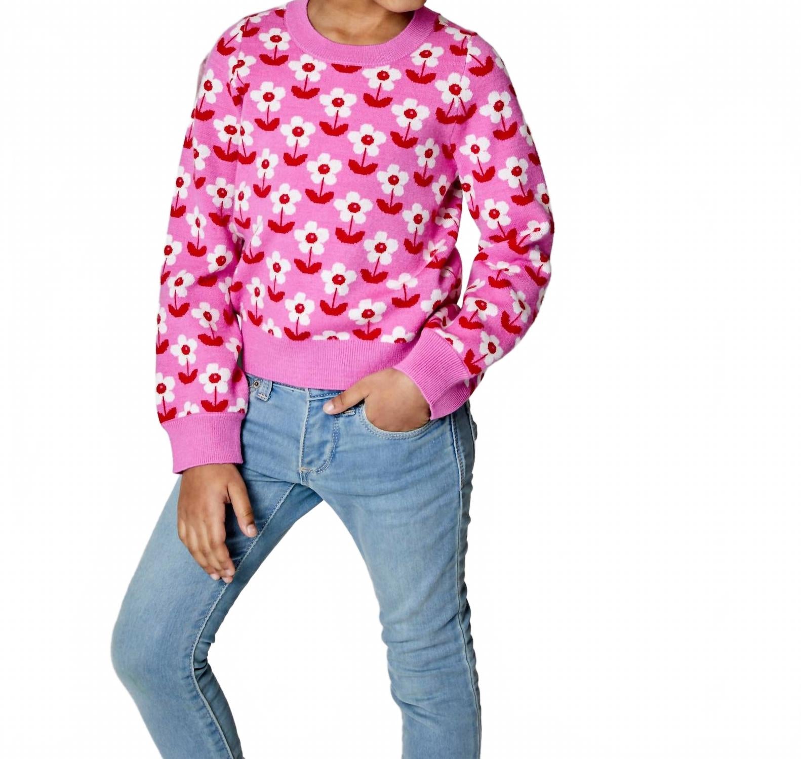 

Детский розовый свитер с цветочным узором и стразами Design History