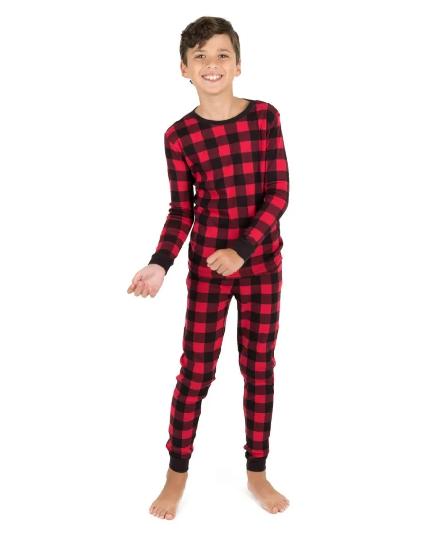 Детская хлопковая клетчатая пижама из двух частей для праздника Leveret, plaid черный & красный — фото 2