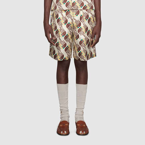 Шорты x the north face logo web print silk shorts 'ivory brown green' Gucci, белый — фото 2