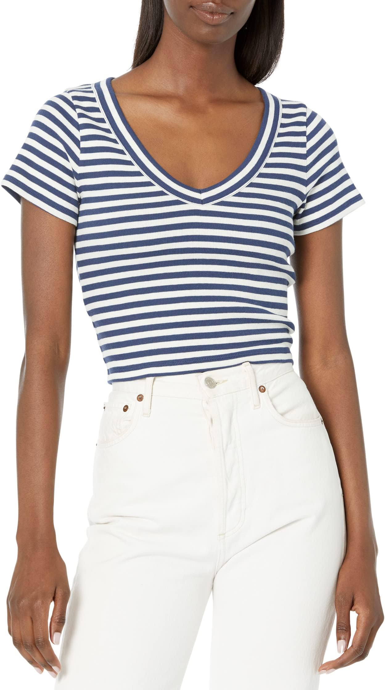 

Футболка Madewell Brightside V-Neck Crop Tee in Stripe, цвет Classic Indigo