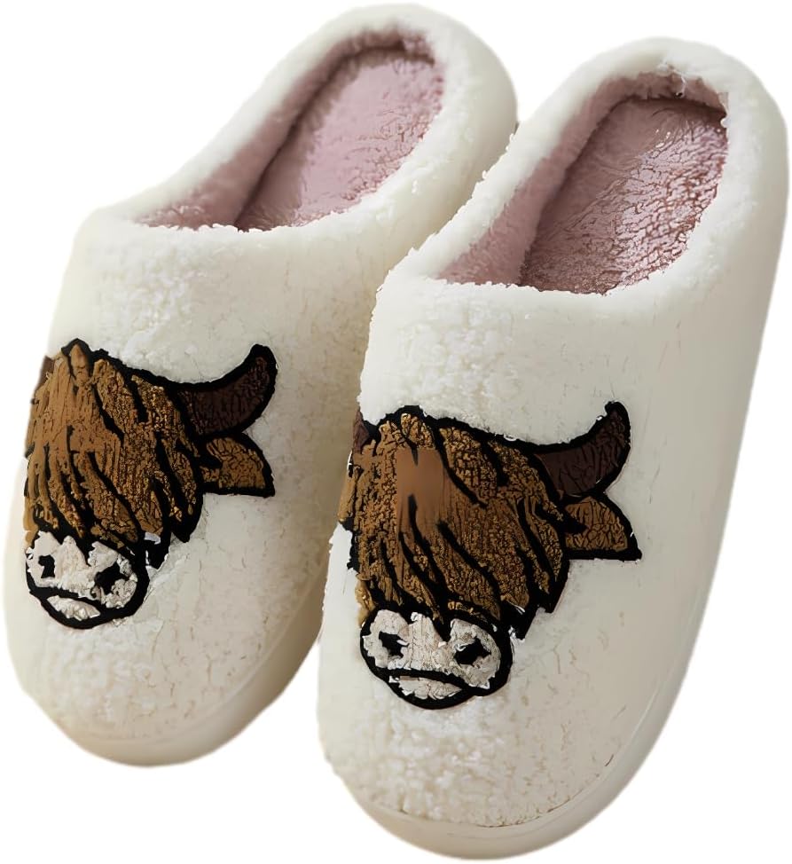 

Тапочки с изображением высокогорной коровы, плюшевые, теплые, взрослые, нескользящие, для дома и улицы, для женщин и мужчин, мягкие, подарочные тапочки Rjvzvejh, белый