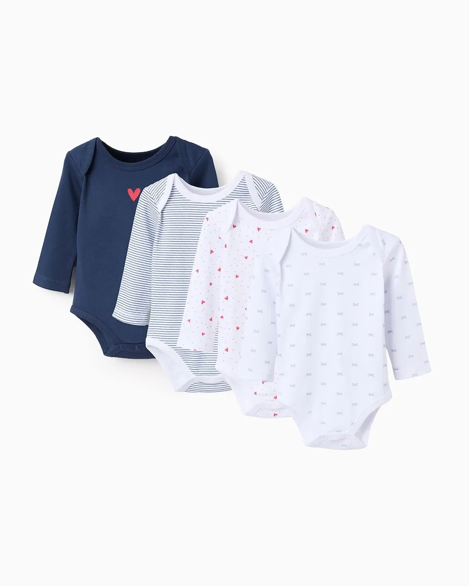 

Набор из 4-х детских бодиков для девочки, 100% хлопок, с перекрещивающимися плечами и рисунком Zippy, темно-синий