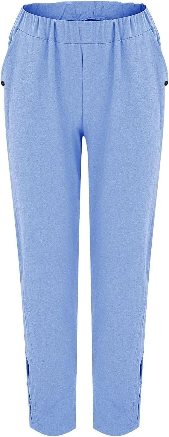 Petite Linen Pants для женщин: брюки для пляжа с эластичным поясом, повседневные, с боковыми вырезами, длина до щиколотки, прямые, с карманами Generic, синий — фото 4