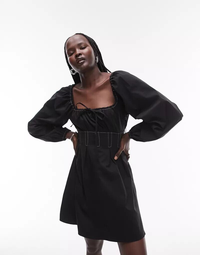 

Черное повседневное платье Topshop из поплина с декоративной строчкой, Черный, Черное повседневное платье Topshop из поплина с декоративной строчкой
