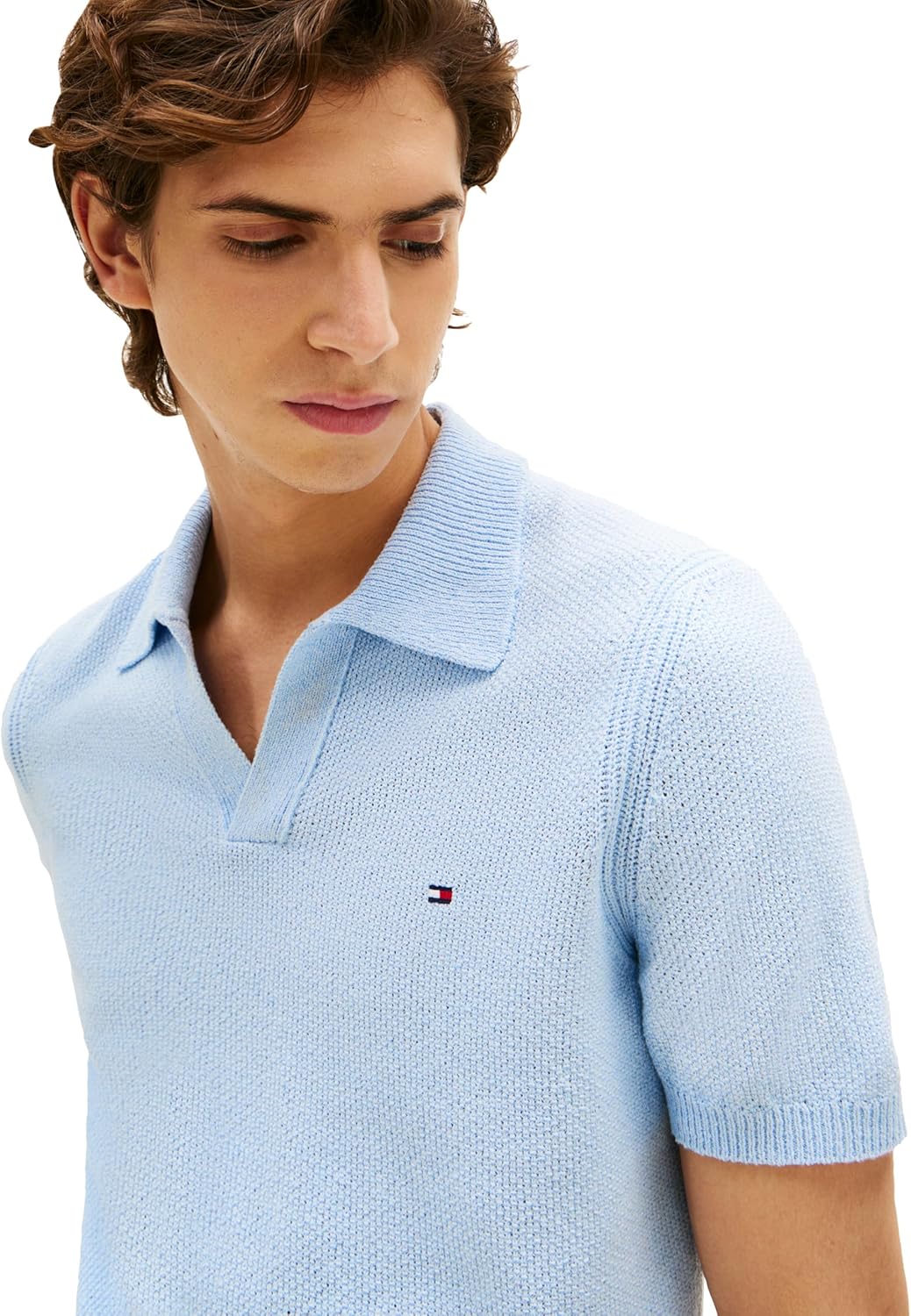 Мужские трикотажные рубашки-поло Tommy Hilfiger с коротким рукавом и V-образным вырезом, классического кроя, с эластичной вставкой, Breezy Blue — фото 2