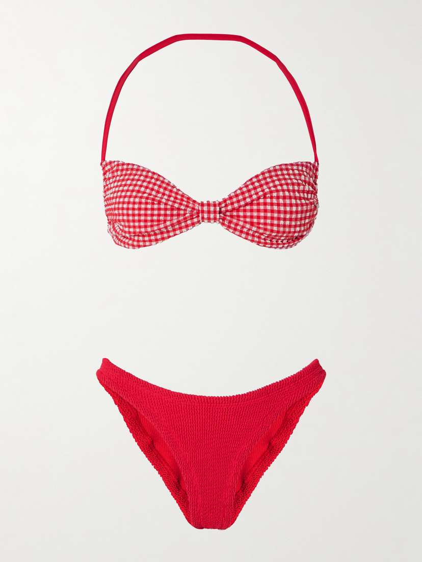 

Бикини Kacey в полоску в стиле гингем с жатым лифом и вырезом халтер Hunza G, красный