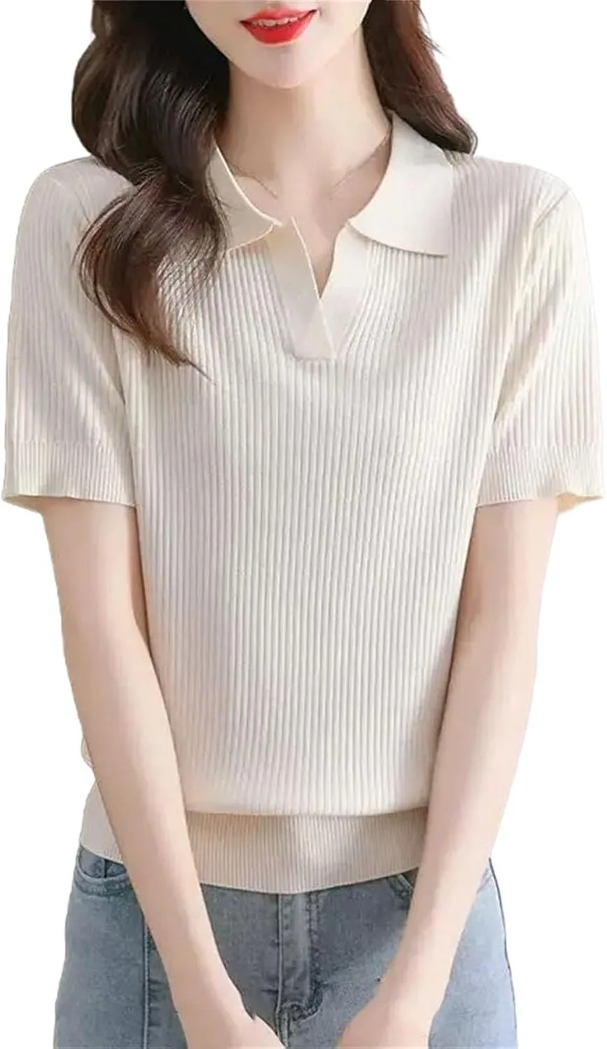 

Женская поло из ледяного шелка тонкая вязаная с коротким рукавом