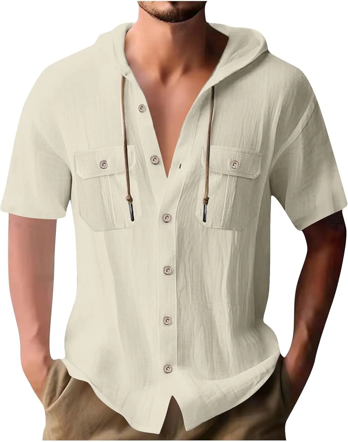 

Худи для мужчин лето-осень с коротким рукавом, лен, сборки