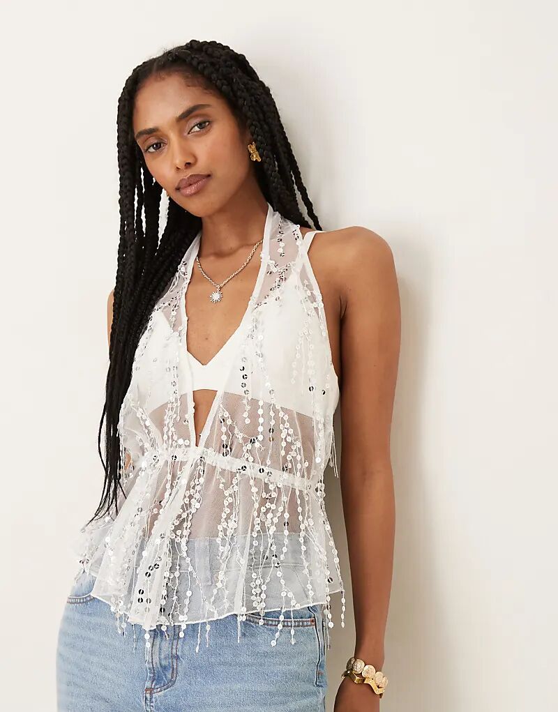 

Топ из сетчатой ткани с бретельками через шею ASOS DESIGN серого цвета с пайетками