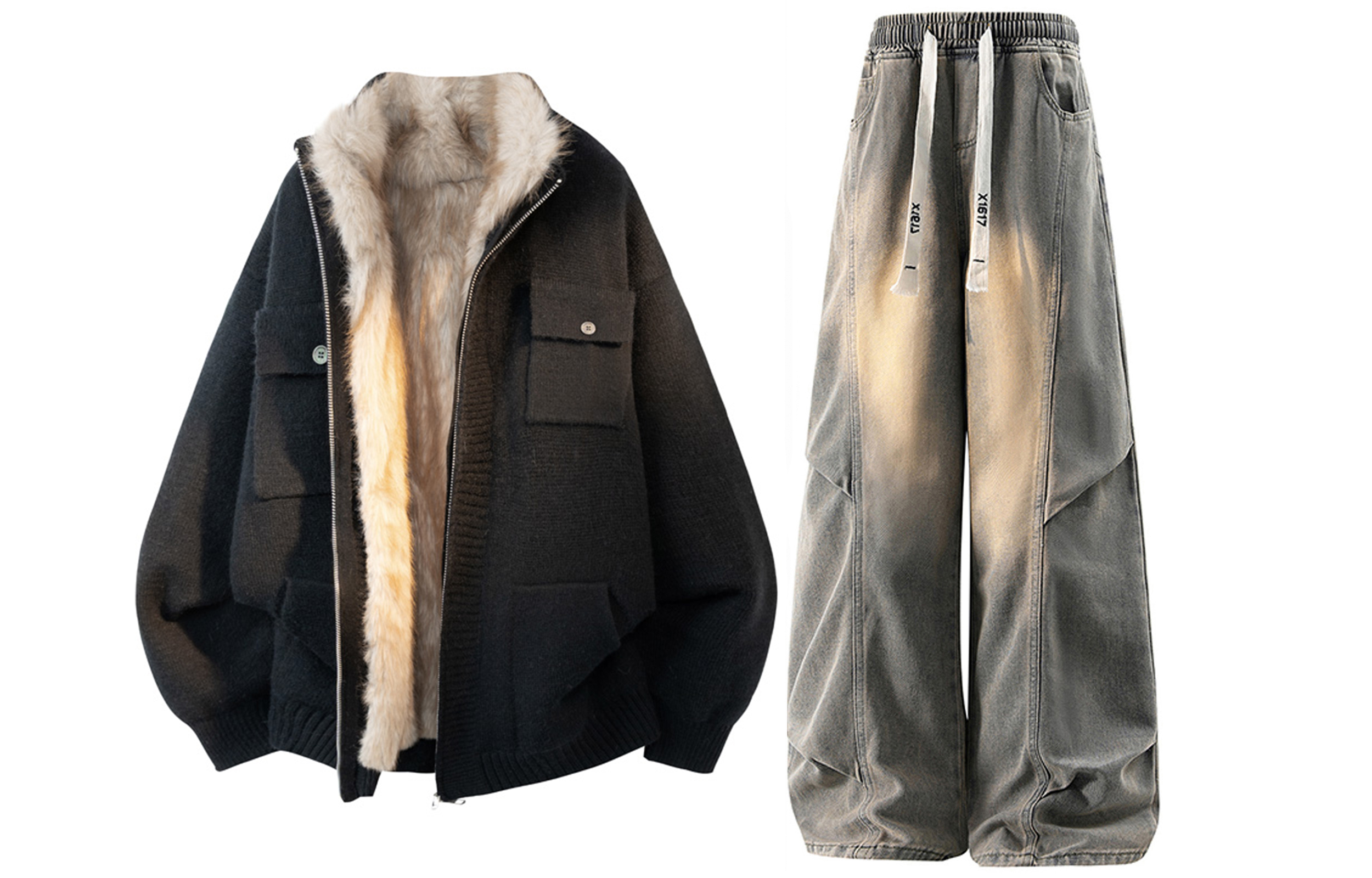 

Повседневный спортивный костюм Unisex с лацканами, утолщенный и с флисовой подкладкой X1617, черный fleece-lined knitted fabric coat+желтый mud jeans