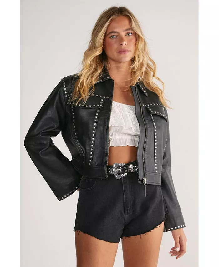 

Женская кожаная укороченная куртка с заклепками Nasty Gal, черный